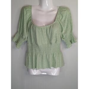 Urban Romantics Green Peplum Babydoll Top Womens M Boho Eyelet Smocked Blouse